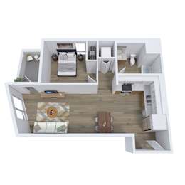 A top-down view of a modern, minimalist apartment with a living room, kitchen, and bedroom.