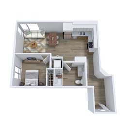 A top down view of a modern apartment with a kitchen, living room, and bedroom.