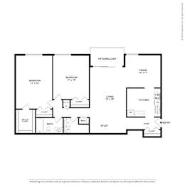 A black and white floor plan of a house with a bedroom, bathroom, kitchen, living room, and study.