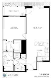 A drawing of a floor plan for an apartment labeled A3-809 SF.