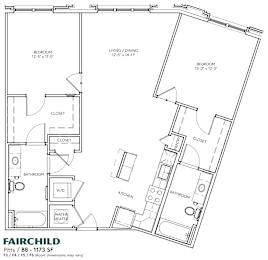 A floor plan of a Fairchild apartment shows two bedrooms, two bathrooms, a kitchen, and closets.