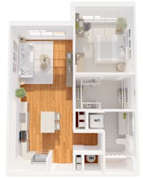 A top-down view of a small apartment with a kitchen, living room, and bathroom.