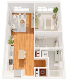 A top-down view of a small apartment with a kitchen, living room, and bathroom.