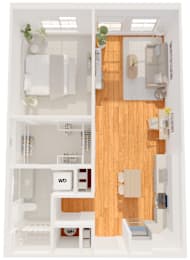 A floor plan of a small apartment with a kitchen, living room, and bathroom.