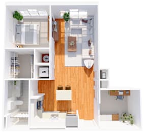 A 3D floor plan of a small apartment with a kitchen, living room, and bathroom.