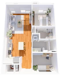 A top down view of a small apartment with a living room, kitchen, and bathroom.