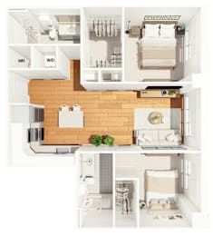 A series of images showing a top-down view of a small apartment layout.