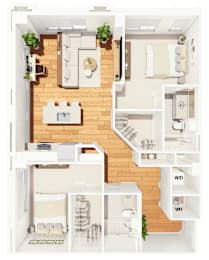 A detailed 3D floor plan of a house layout.