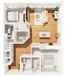 A top-down view of a small apartment layout with a kitchen, living room, and bathroom.