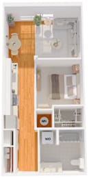 A floor plan of a house with a living room, dining room, kitchen, and bathrooms.