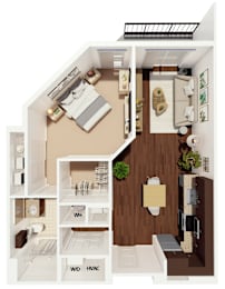 A floor plan of a small apartment with a kitchen, living room, and bathroom.