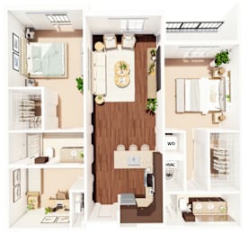 A floor plan of a house with a kitchen, living room, and two bedrooms.
