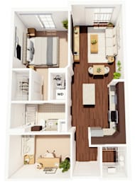A floor plan of a small apartment with a kitchen, living room, and bedroom.