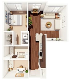 A top-down view of a well-organized apartment with a kitchen, living room, and bedroom.