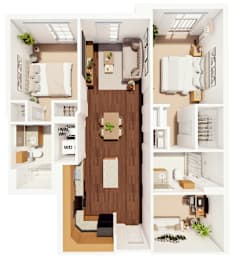 A top-down view of a small apartment layout with a kitchen, living room, and bathroom.