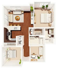 A floor plan of a house with a kitchen, living room, and two bedrooms.