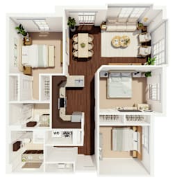 A floor plan of a two-bedroom apartment with a living room, kitchen, and bathroom.