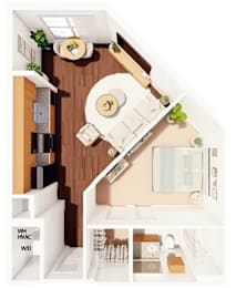 A floor plan of a kitchen with a dining table and chairs.