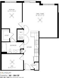 A floor plan of a one bedroom apartment with a living/dining area.