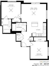 A black and white image of a floor plan for a Pagoda/B1 - 926 SF.