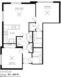 A black and white image of a floor plan for a home with a living area, kitchen, two bedrooms, a bathroom, and a closet.