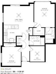 A black and white image of a floor plan for a Pear Blossom property.
