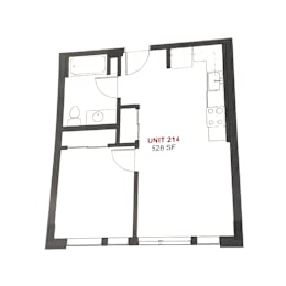 A black and white image of a floor plan for a unit labeled 214 with a total area of 528 square feet.