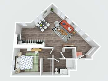 A 3D rendered image of a house layout with a kitchen, living room, and bathroom.