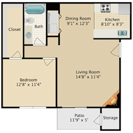 A floor plan of a small apartment with a bedroom, living room, kitchen, and bathroom.