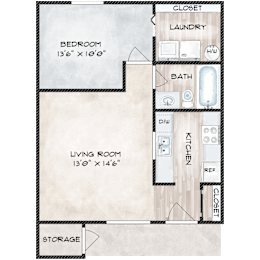 A floor plan of a small apartment with a bedroom, living room, kitchen, and storage.