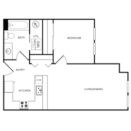 A floor plan of a house with a living room, dining room, kitchen, and bedroom.