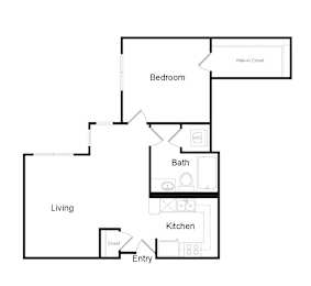 A floor plan of a home with a living room, kitchen, bedroom, bathroom and walk-in closet.