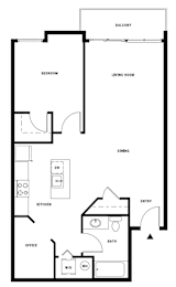 A black and white image of a house floor plan with a balcony, bedroom, living room, dining area, kitchen, bathroom, and office.
