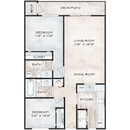A floor plan of a small apartment with a kitchen, two bathrooms, and two bedrooms.