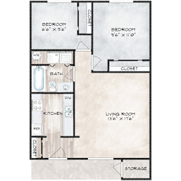 A floor plan of a small apartment with two bedrooms, a living room, a kitchen, a bathroom, a closet, and storage.