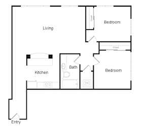 A floor plan of a home with a living room, kitchen, bathroom, and two bedrooms.