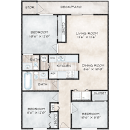 A floor plan of a house with a deck/patio and a bathroom.