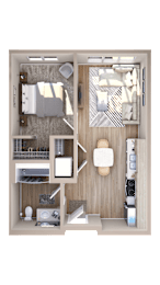 A top-down view of a small apartment with a kitchen, living room, and bedroom.