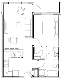 A floor plan of a house with a kitchen, living room, and bathroom.