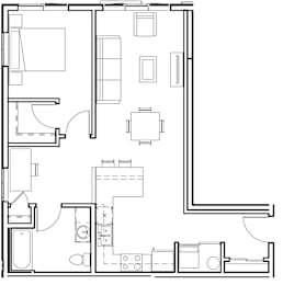 A floor plan of a house with a kitchen, living room, and bathroom.