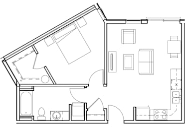 A black and white floor plan of a house with a kitchen, living room, and bedrooms.
