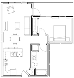 A black and white floor plan of a house with a kitchen, living room, and bathroom.