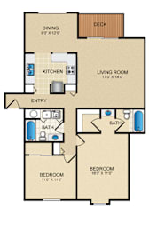 A floor plan of a house with a deck and two bathrooms.