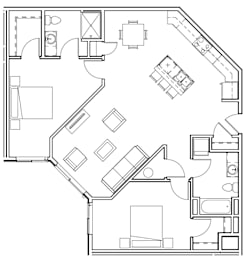 A black and white image of a house floor plan.