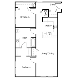 A floor plan of a small apartment with a kitchen, two bedrooms, and a bathroom.