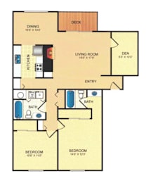 A floor plan of an apartment with two bedrooms, a living room, a kitchen, a bathroom, a dining area, and a deck.