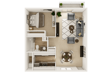 A top-down view of a small apartment with a kitchen, living room, and bedroom.