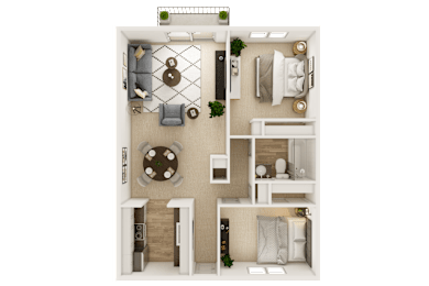 A top-down view of a small apartment with a living room, kitchen, and bathroom.