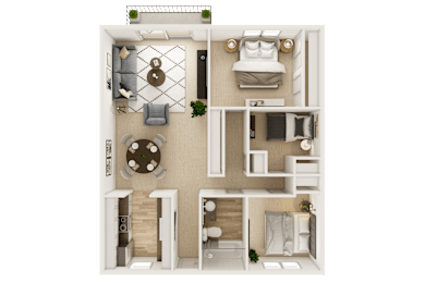 A top-down view of a house layout with a living room, dining area, kitchen, and bedrooms.