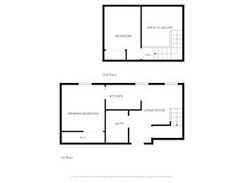 A floor plan of a two-story home with a bedroom on the first floor and a living room, kitchen, and bath on the second floor.
